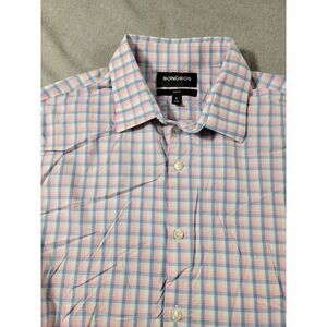 Bonobos Shirt Mens Medium Slim Fit Blue Pink Nylon Plaid‎ Button Up Long Sleeve